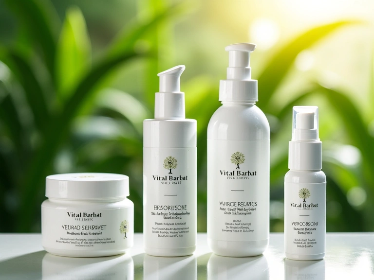 Produse Vitalbarbatcv aranjate estetic cu frunze verzi în fundal